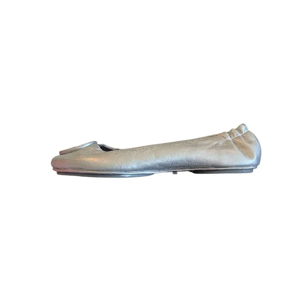 Tory Burch Minnie Flats Travel Ballet Slip On Leather Metallic Office Preppy 6.5